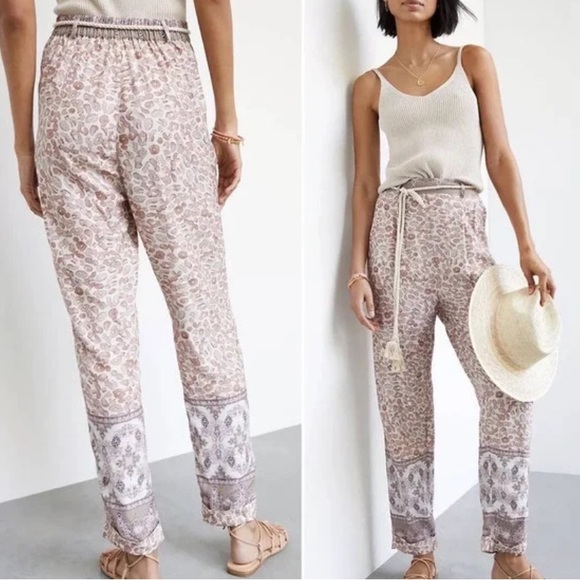 Ollari from Anthropologie cream animal print pull on pants high waisted - Picture 1 of 8